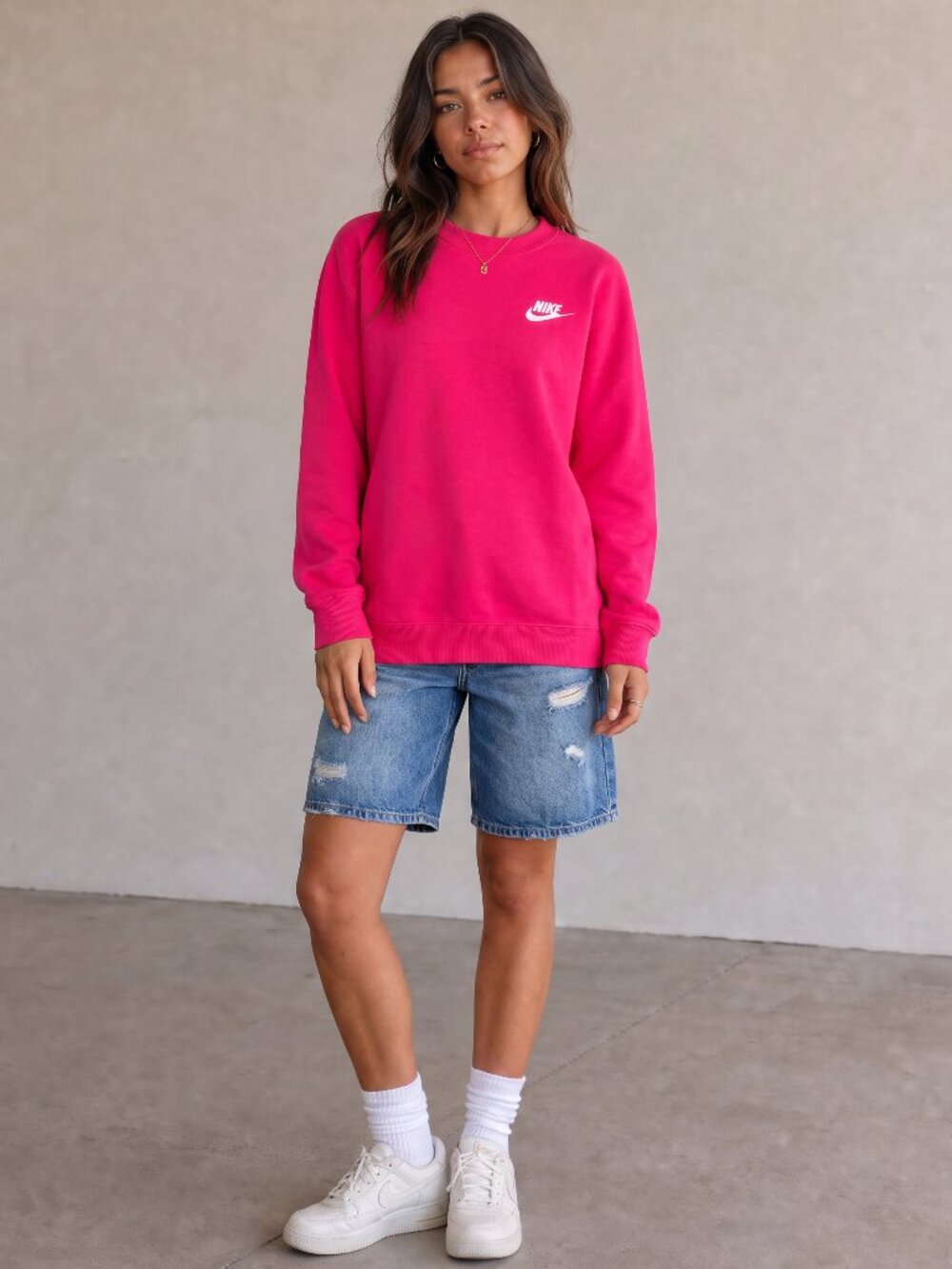 Nike Women's Hot Pink Embroidered Futura Fleece Crewneck Sweatshirt